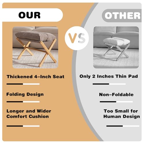 Baveke Folding Foot Stool, Small Accent Ottoman with Thick Cotton Cushion & Bamboo X Legs, Modern Padded Sofa Stool for Makeup Bedroom Living Room (Brown) - color: Light Brown, size: 21.3"D x 13.4"W x 18.5"H