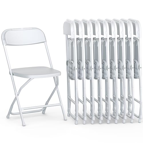 10 Pack Foldable Plastic Chair | Folding & Stackable | 350 lbs Capacity Steel Frame Seats for Indoor Outdoor | Commercial Use Events Wedding Party Bulk Picnic Kitchen Dining - White - color: White