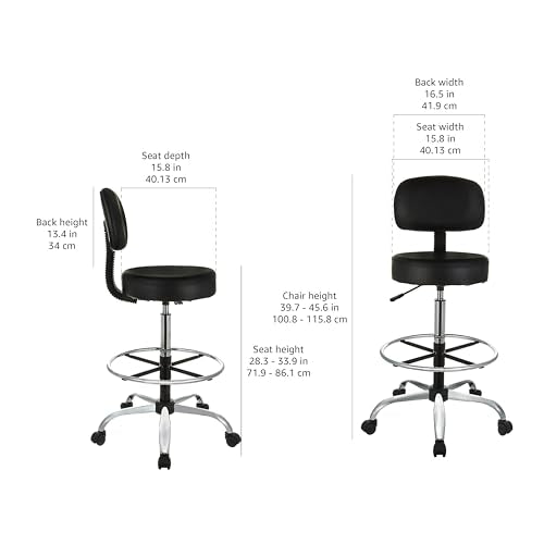 Amazon Basics Multi-Purpose Adjustable Drafting Spa Bar Stool with Sturdy Foot Rest, Back Support Cushion, 360° Swivel and Wheels, Black