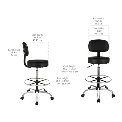 Amazon Basics Multi-Purpose Adjustable Drafting Spa Bar Stool with Sturdy Foot Rest, Back Support Cushion, 360° Swivel and Wheels, Black