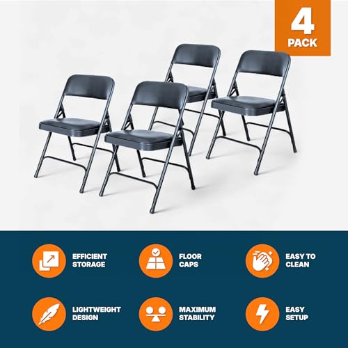 OEF Furnishings OEF1204 Vinyl Cushioned Folding Chairs with Steel Frame, Blue, 4-Pack - color: Blue
