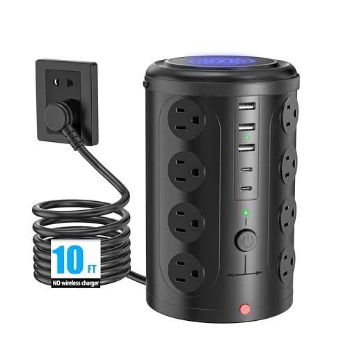 10FT Power Strip Tower Surge Protector,16 Wide‑Spaced Outlets & 5 USB Ports - size: 10FT without wireless charging