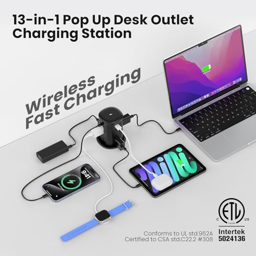VILONG Pop Up Countertop Outlet with 15W Wireless Charger,4 USB/8 AC - color: Black, size: 65W