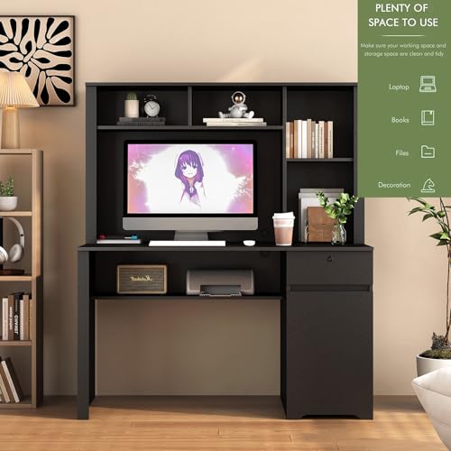 Computer Desk with Drawers & Power Outlets， File Drawers with Lock，51" Home Office Desk with Storage Shelves & Monitor Stand, Wooden Executive Desk Writing Study Desk,Black