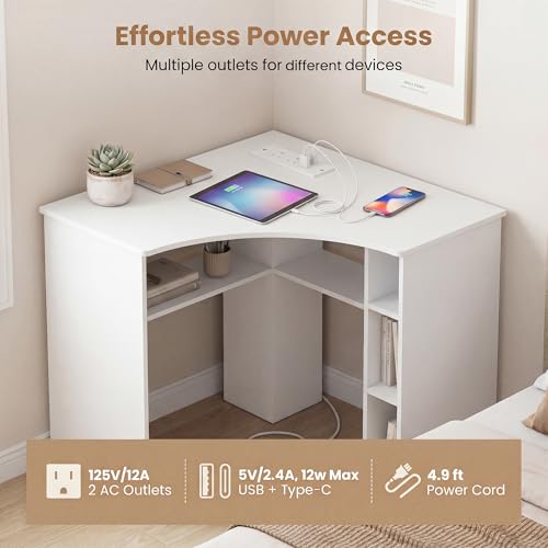 GOFLAME White Corner Desk with Charging Station, Small Corner Desk with Storage Shelves, Triangle Computer Desk, Study Writing Table for Home Office, Small Spaces
