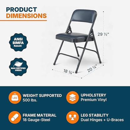 OEF Furnishings OEF1204 Vinyl Cushioned Folding Chairs with Steel Frame, Blue, 4-Pack - color: Blue