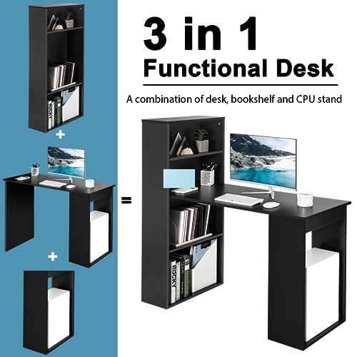 Tangkula Computer Desk with Bookshelf, Writing Study Desk with Storage Shelves & CPU Stand, Modern Compact Computer Workstation for Home & Office, Space-Saving Design (Black) | Bookcase Desk w/Bookshelf Storage Shelves & CPU Stand, Space-Saving Design Mod