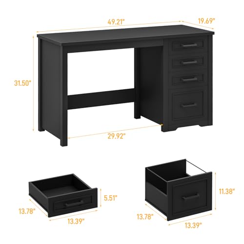 Vabches Farmhouse 49” Executive Desk with File Drawer, Black | 4 Drawers Reversible Computer Desk with Storage, Rustic Home Writing Workstation for Home Office - color: 49in Black