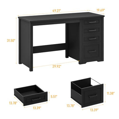 Vabches Farmhouse 49” Executive Desk with File Drawer, Black | 4 Drawers Reversible Computer Desk with Storage, Rustic Home Writing Workstation for Home Office - color: 49in Black