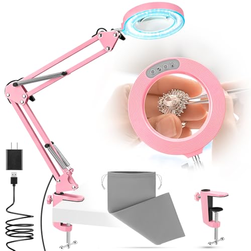 10X Magnifying Glass with Light and Stand,Hands-Free Desk Magnifier | Glass Lens, 5 Color Modes, Portable Velvet Bag,Adjustable Lightness & Swing Arm for Crafts Hobbies Reading Sewing Close Work - color: Pink Magnifying Glasses With Light