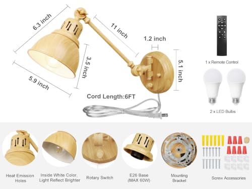 GOODATE 2 Pack Plug in Wall Sconces with Remote Control, Dimming, Adjustable Colors 2700K-6500K, Swing Arm Wall Lamps with Night Light & Timer, Plug-in or Hardwired, LED Bulbs Included, Oak Finish - size: Oak-2 PACK(Bulbs+Remote)