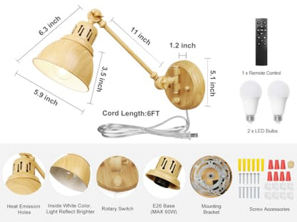 GOODATE 2 Pack Plug in Wall Sconces with Remote Control, Dimming, Adjustable Colors 2700K-6500K, Swing Arm Wall Lamps with Night Light & Timer, Plug-in or Hardwired, LED Bulbs Included, Oak Finish - size: Oak-2 PACK(Bulbs+Remote)