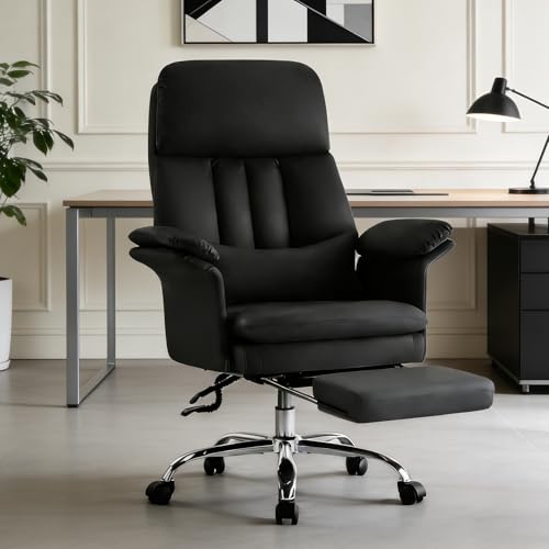 Leather Home Office Chair with Footrest 400lbs, High Back Rolling Desk Chair with Lumbar Support Soft Armrests, Excutive Office Chairs with Wheels Height Adjustable Rocking Swivel Functions,Black - color: Matteblack-oversized