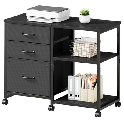 Maihail 3 Drawer File Cabinet with Wheels with Open Storage Shelf, Black - color: Black