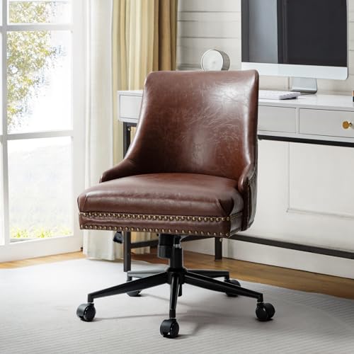 HULALA Home Leather Office Chair with Nailhead, Armless Desk Chair, Brown - color: Brown