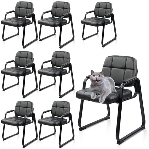 CLATINA Waiting Room Chairs No Wheels Set of 8, Stationary Leather Office Reception Guest Chair with Padded Arms and Sled Base for Elderly Desk Conference Room Lobby Table Side Salon - color: Inky, size: 8 Pack