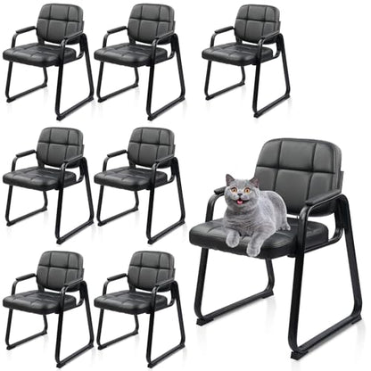 CLATINA Waiting Room Chairs No Wheels Set of 8, Stationary Leather Office Reception Guest Chair with Padded Arms and Sled Base for Elderly Desk Conference Room Lobby Table Side Salon - color: Inky, size: 8 Pack