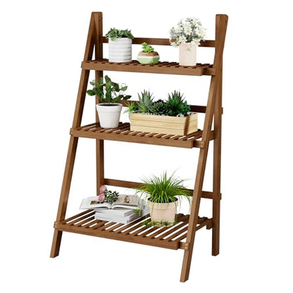 Ladder Shelf, Foldable Plant Shelf Stand, 3-Tier Bamboo Bookshelf, 39.4In - color: 3-tier Walnut