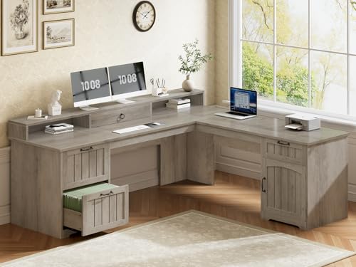 SEDETA Farmhouse 63" L Shaped Desk with Drawers and Storage Cabinet | Office Desk with File Drawers, Wood Corner Computer Desk with Storage, Home Office Desk with Monitor Stand,Grey - color: Grey