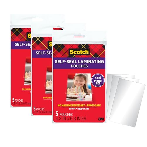 Scotch Self-Sealing Laminating Pouches, 4 x 6 Inches, 15 Pouches (3 Packs of 5) – Gloss Finish, Photo Safe, No Machine Needed (Cold Laminating Sheets) - size: 3 Pack