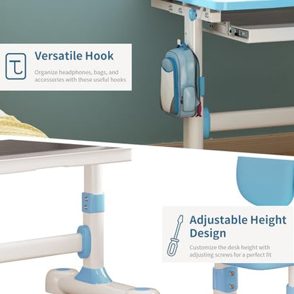 Kids Adjustable Desk and Chair Set 3-12, Children School Study Desk-11BLUE | Height Adjustable | 50° Tilt Desktop | Book Stand & Metal Hook & Storage Drawer | Writing Drawing Table for Boys and Girls - color: 110-blue-27.5in