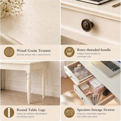 White Writing Desks with Drawers, 47" French Country Style - color: White, size: Standard-47 inches