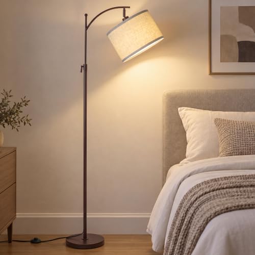 JUNNAI Modern Brown Floor Lamp Adjustable Height 55-63in 3 CCT 9W LED Bulb - color: Brown+Beige Shade-Arc