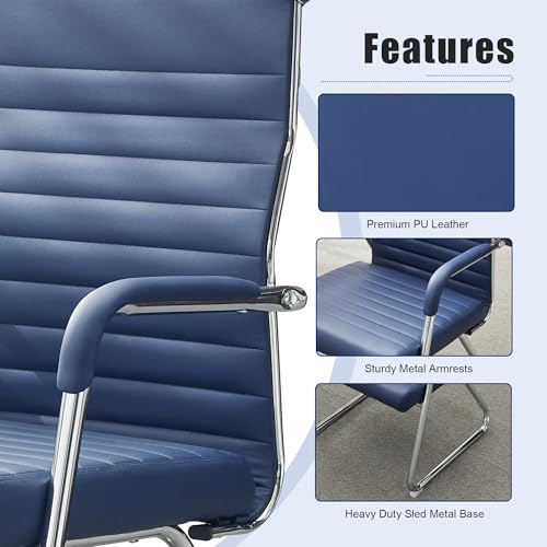 Okeysen Office Guest Chairs Set of 4, Modern Leather Reception Chairs with Mid Back & Sled Base, No-Wheel Desk Chairs for Waiting Room & Conference Room - color: Blue Leather/Silver Frame, size: Set of 4