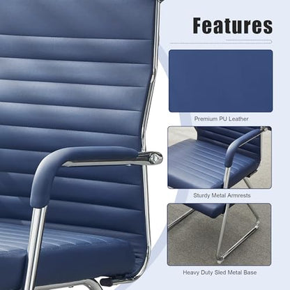 Okeysen Office Guest Chairs Set of 4, Modern Leather Reception Chairs with Mid Back & Sled Base, No-Wheel Desk Chairs for Waiting Room & Conference Room - color: Blue Leather/Silver Frame, size: Set of 4