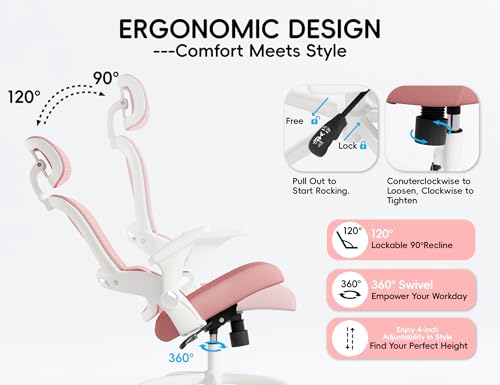 TRALT Office Chair - Ergonomic Desk Chair with Headrest Support for Adults | Home Office Desk Chair with Lumbar Support - Ergonomic Mesh Chairs 330 lb Wide Seat with Headrest, Comfy Desk Chair(Pink) - color: Pink