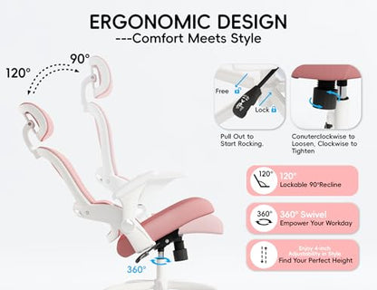 TRALT Office Chair - Ergonomic Desk Chair with Headrest Support for Adults | Home Office Desk Chair with Lumbar Support - Ergonomic Mesh Chairs 330 lb Wide Seat with Headrest, Comfy Desk Chair(Pink) - color: Pink