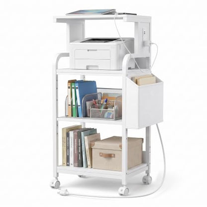 Tall Printer Stand with Charging Station, 4-Tier Large Printer Table Adjustable Shelf, Mobile Printer Cart on Wheels Heavy Duty for Home Office, Fits 3D Printer Shredder Scanner Fax, Pure White - color: White, size: 20.9''x15.7''