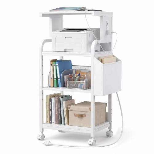 Tall Printer Stand with Charging Station, 4-Tier Large Printer Table Adjustable Shelf, Mobile Printer Cart on Wheels Heavy Duty for Home Office, Fits 3D Printer Shredder Scanner Fax, Pure White - color: White, size: 20.9''x15.7''