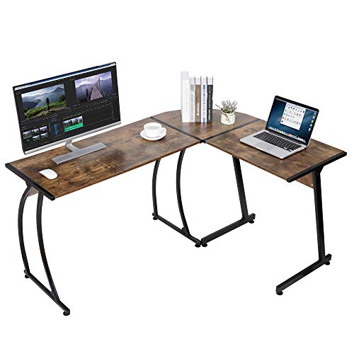 Modern L-Shaped Gaming Desk,Home Office Desk with Round Corner Computer Desk,Study Writing PC Laptop Workstation with Solid Steel Frame Desktop, Brown - color: Brown