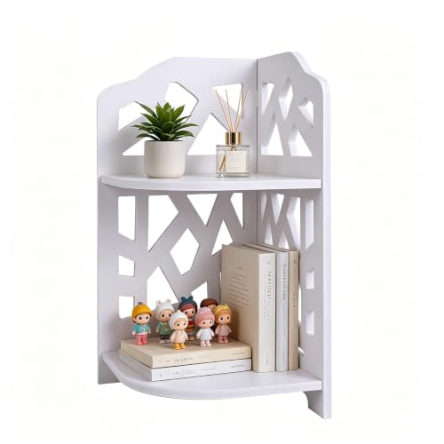 HornTide 2-Tier Corner Shelf, Brief Fashion Organizer Storage Rack, for Cosmetic Doll Potted-Plant Vitamins Supplements Caddy, DIY Desk/Table Decoration, Wood-Plastic Composites, White - size: Corner Rack