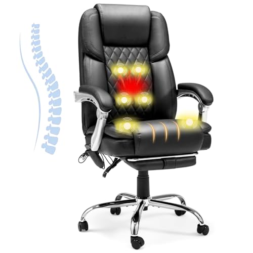 6-Point Massage Office Chair with Lumbar Support, Heated Executive Office Chair with Reclining Backrest, Computer Gaming Chair for Home Office, Black - color: Black-leather