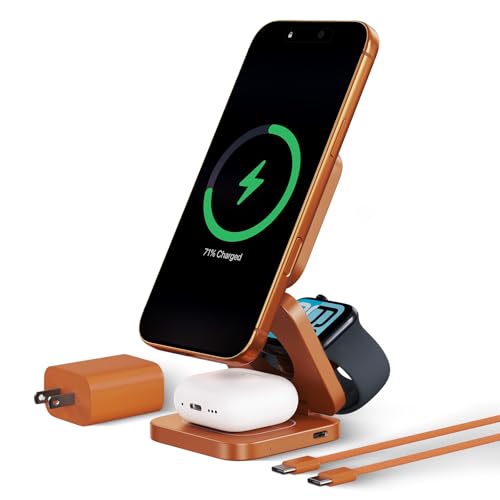 KU XIU QI 2.2 25W 3-in-1 Charging Station for Apple Device, Foldable Magnetic Charger for iPhone 17/16, 5W for Apple Watch & AirPods, Fast Travel Wireless Charging Stand with 45W Adapter - color: Orange
