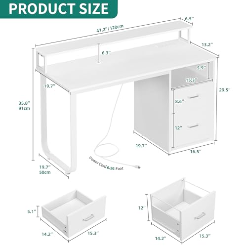 DWVO 47" Office Desk with Drawers, Monitor Stand, Power & LED, White
