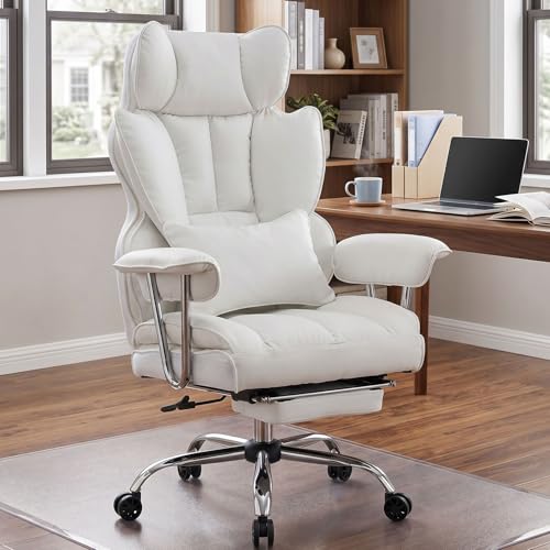 Efomao Big and Tall Office Chair 400lbs, Executive PU Leather Desk Chair with Footrest & Lumbar Support, Heavy Duty Computer Seating for Home, White | 400lbs support, 135° recline, dual-layer foam cushion, 23.5" seat & footrest. BIFMA - color: White