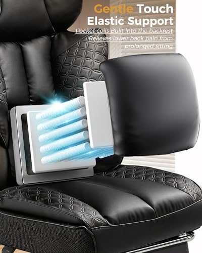 COMHOMA Big and Tall Office Chair Heavy Duty Gaming Chair with Deluxe Embossing Leather High Back Wider Ergonomic Computer Chair with Foot Rest 145°Reclining Pocket Spring Lumbar Support - color: Coal Black