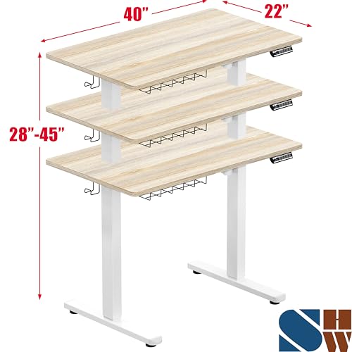 SHW 40 x 22 Inches Electric Height Adjustable Sit to Stand Desk, Maple | with Hanging Hooks and Cable Management, White Frame and Maple Top - color: Maple, size: 40-Inch