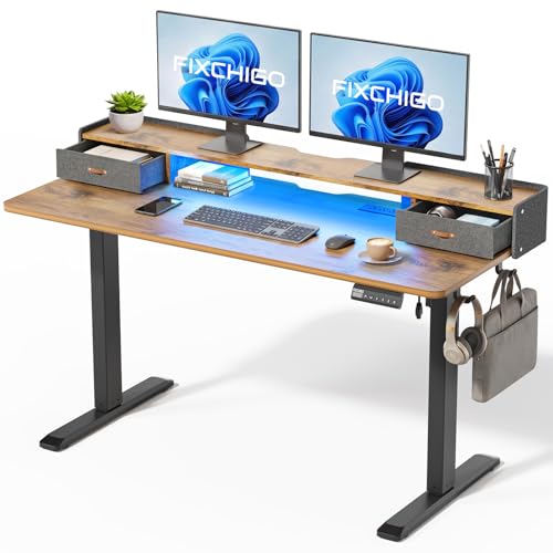Electric Standing Desk with Drawers, 55 Inch Height Adjustable Desk with Power Outlets & LED Lights, Sit Stand Table with Monitor Stand for Home, Office, Rustic Brown - color: Brown, size: 55×24 Inch Rectangular with Drawers