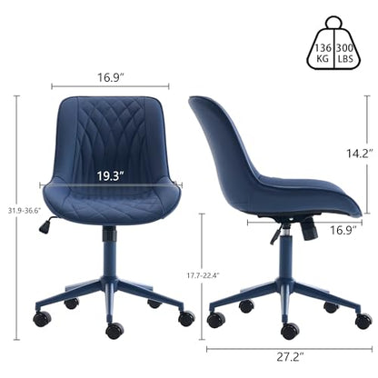 YOUNIKE Faux Leather Office Chair Ergonomic Desk Chair Armless Navy Blue | Ergonomic Upholstered Rocking Back, Swivel with Wheels, Height Adjustable, Modern Task Chair For Computer Sewing Drafting - color: Navy Blue