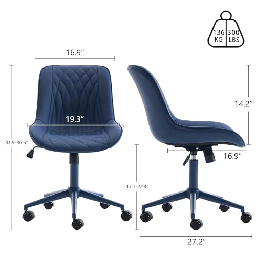 YOUNIKE Faux Leather Office Chair Ergonomic Desk Chair Armless Navy Blue | Ergonomic Upholstered Rocking Back, Swivel with Wheels, Height Adjustable, Modern Task Chair For Computer Sewing Drafting - color: Navy Blue