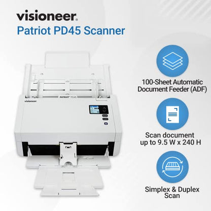 Visioneer Patriot PD45 Scanner, USB Duplex Office Document Scanner for PC, 50 PPM, Sheetfed 100 Page Automatic Document Feeder (ADF), White - size: PD45