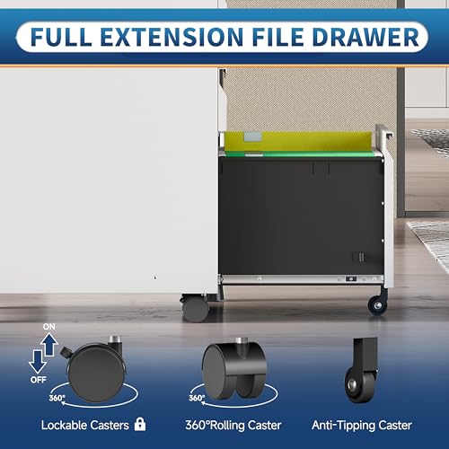 Locking File Cabinet 3 Drawers on Wheels Under Desk, Metal Filing Cabinets for Home Office, A4, Letter-Size Files, Hanging File Folders-White - color: White, size: 3 Drawer-on wheels