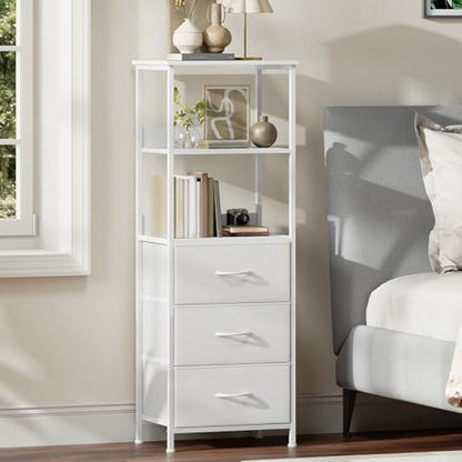 Somdot 5 Tier Bookshelf with 3 Drawers, Narrow Storage Bookcase for Bedroom | Tall Metal Frame Bookcase for Small Spaces, Living Room and Home Office, White - color: White