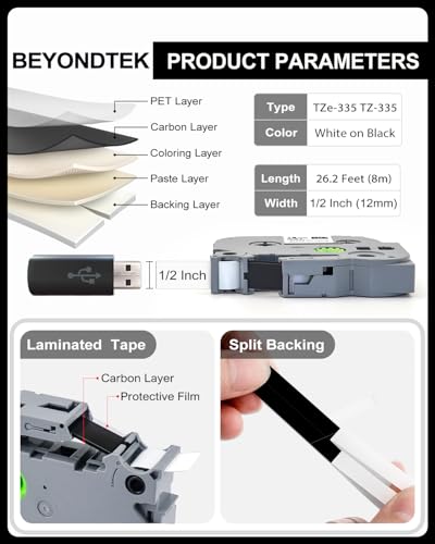 Tze-335 Work for Brother P Touch 1/2" 12mm White on Black Label Maker Tape | Suitable for Household, Office, Studio, Commercial, School, Hospital use（Laminated Design Water-Resistant,Abrasion-Resistant） - color: White on Black