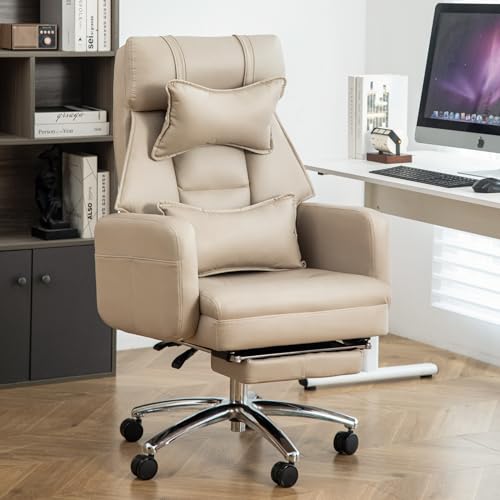 Executive Office Chair, Big and Tall Ergonomic Desk Chairs with Headrest & Footrest, Adjustable High-Back Recliner, Swivel Computer Chair w/Side Pockets, Lumbar Support for Home Office (Beige) - color: Beige