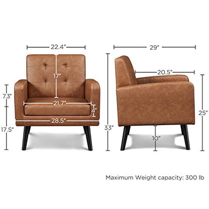 Yaheetech Mid Century Accent Chairs Set of 2 Living Room Chairs Retro Brown | Faux Leather Upholstered Sillones Para Sala, Modern Reading Nook Chairs, Button Tufted Back, Rubberwood Legs, Bedroom Office - color: Retro Brown, size: set of 2